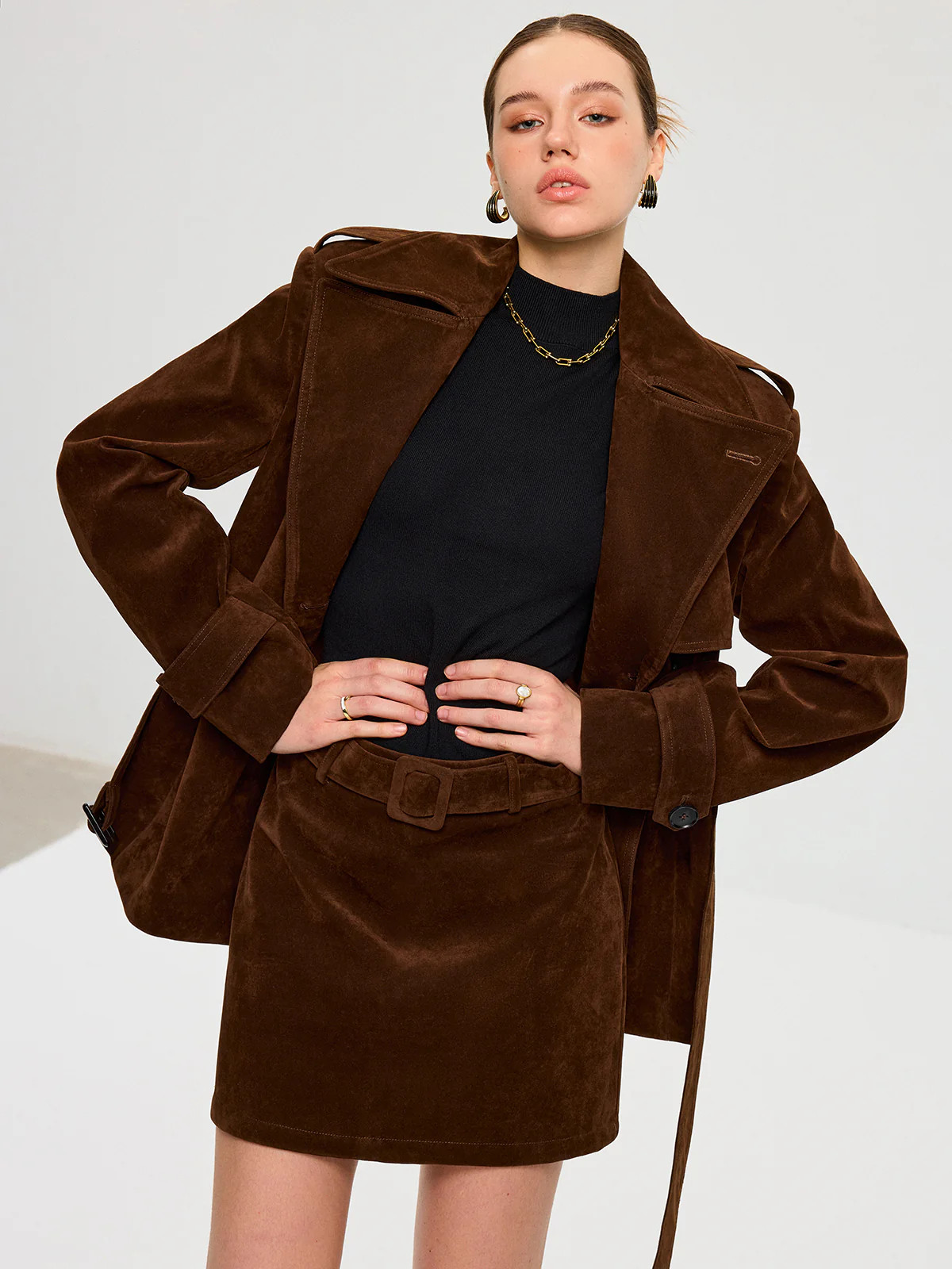 Belted Suede Effect Trench Coat | Commense