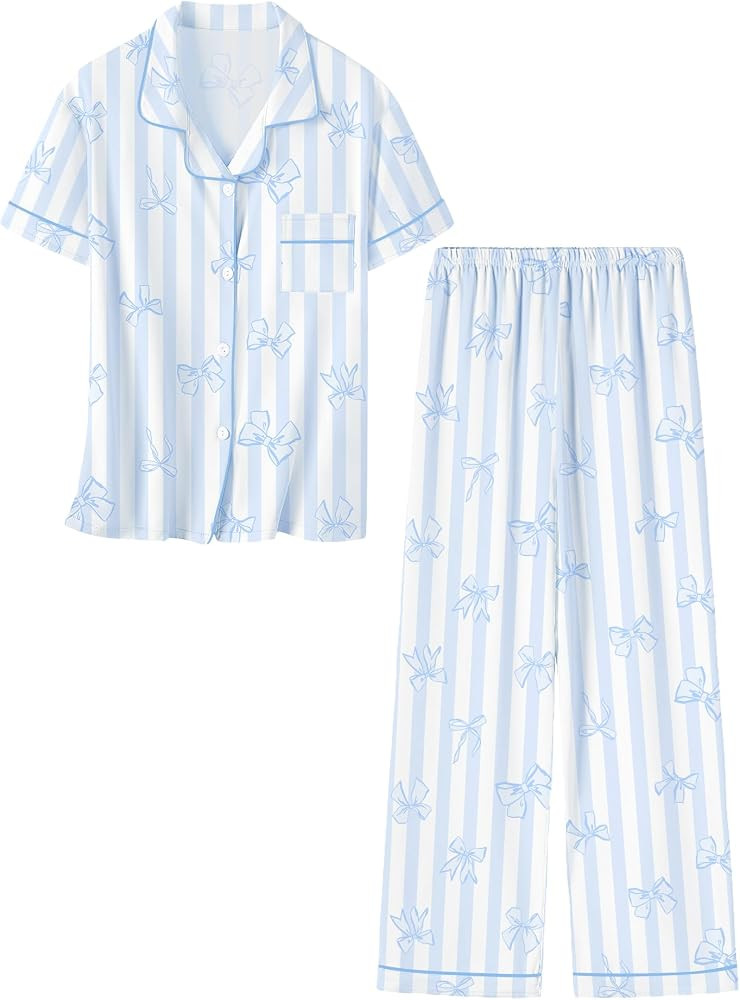 Umeyda Girls Pajamas Set Button Down Notch Collar Soft Short Sleeve Pjs Set with Long Pant Set Lo... | Amazon (US)