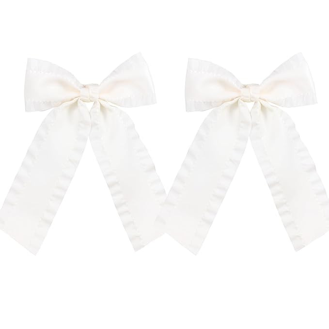 2PCS Hair Bows for Women Girls 4in Off White Tassel Hair Ribbon Bowknot Hair Clips Barrettes Hair... | Amazon (US)