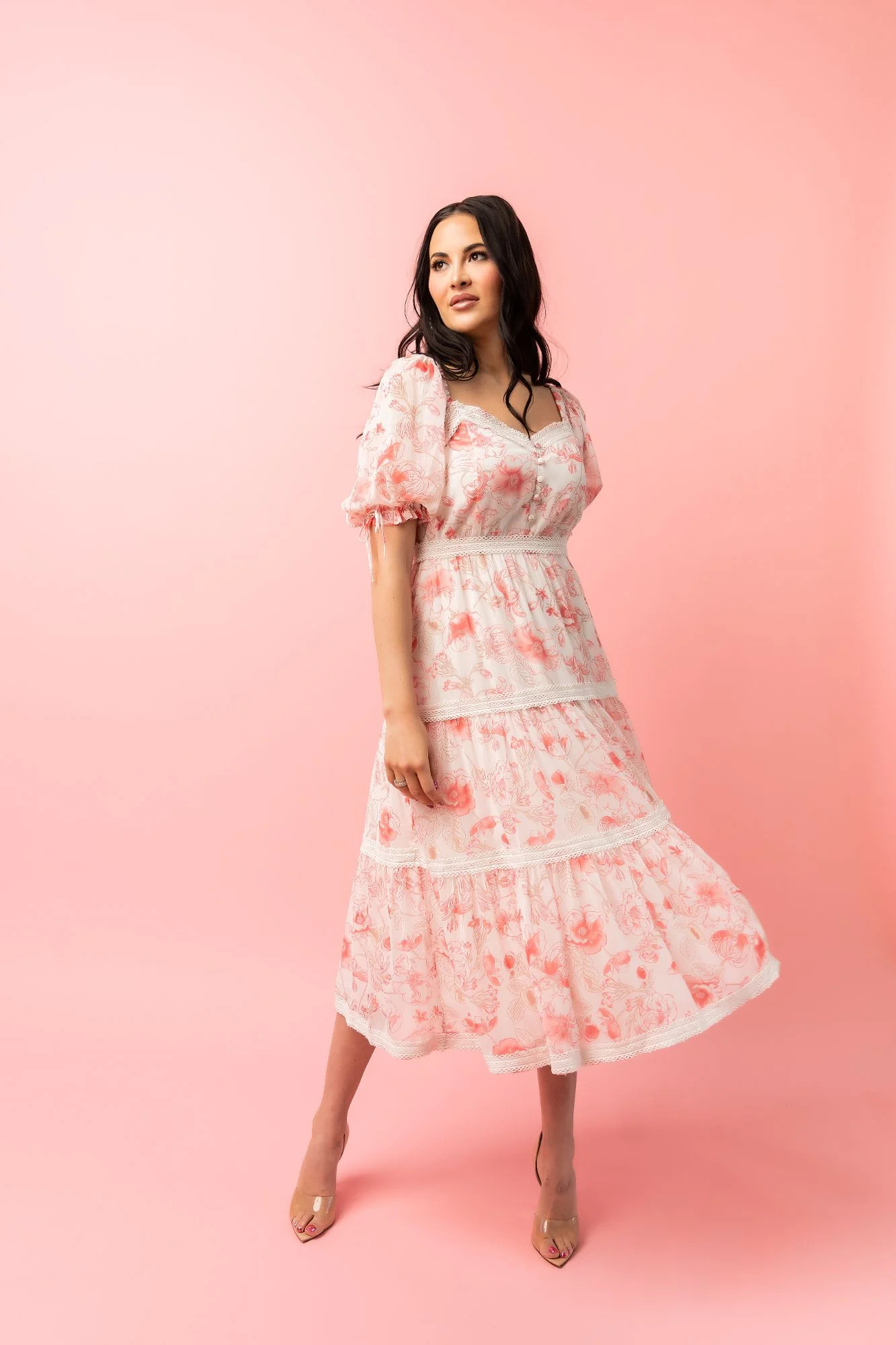 Puff Sleeve Tiered Chiffon Midi Dress - Pink Floral | Rachel Parcell
