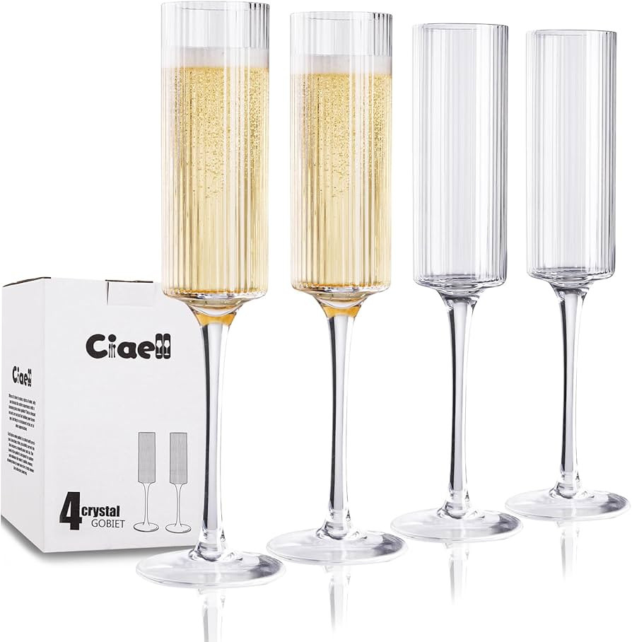 Ciaell Champagne Flutes Set of 4 - Vintage Ribbed Crystal Hand Blown Champagne Glasses With Long ... | Amazon (US)