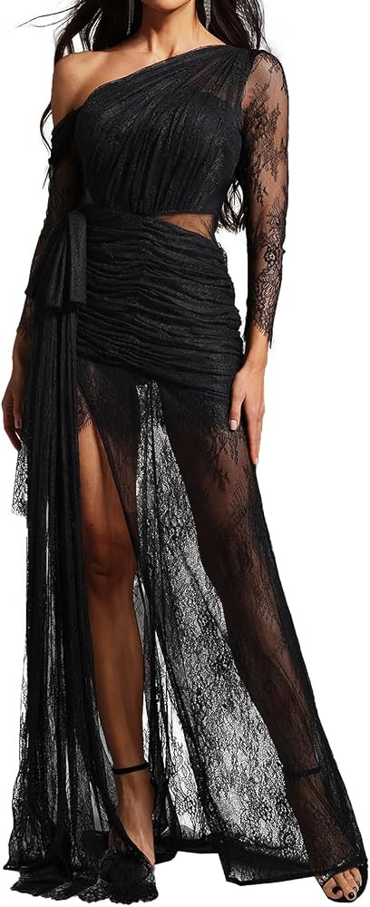 BELLA BARNETT Black One Shoulder Sleeves Draped Waist Lace Dress Ruched Bodice High Slit Prom Dre... | Amazon (US)
