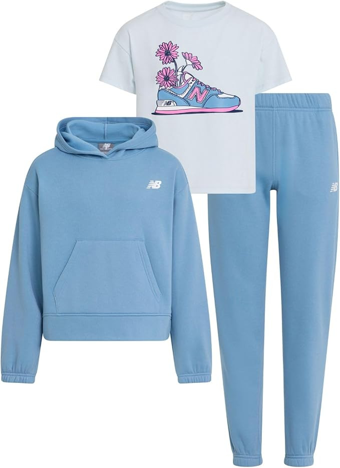 New Balance Girls 3pc Sweatsuit - Cotton Blend Fleece Activewear Set - Pullover Crewneck Hoodie, ... | Amazon (US)