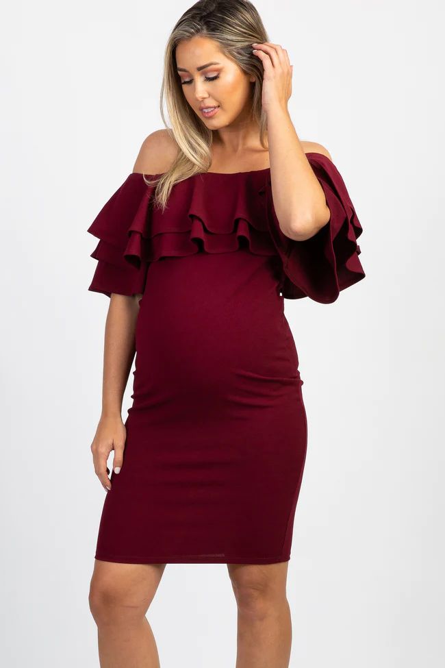 PinkBlush Burgundy Layered Ruffle Off Shoulder Fitted Maternity Dress | PinkBlush Maternity