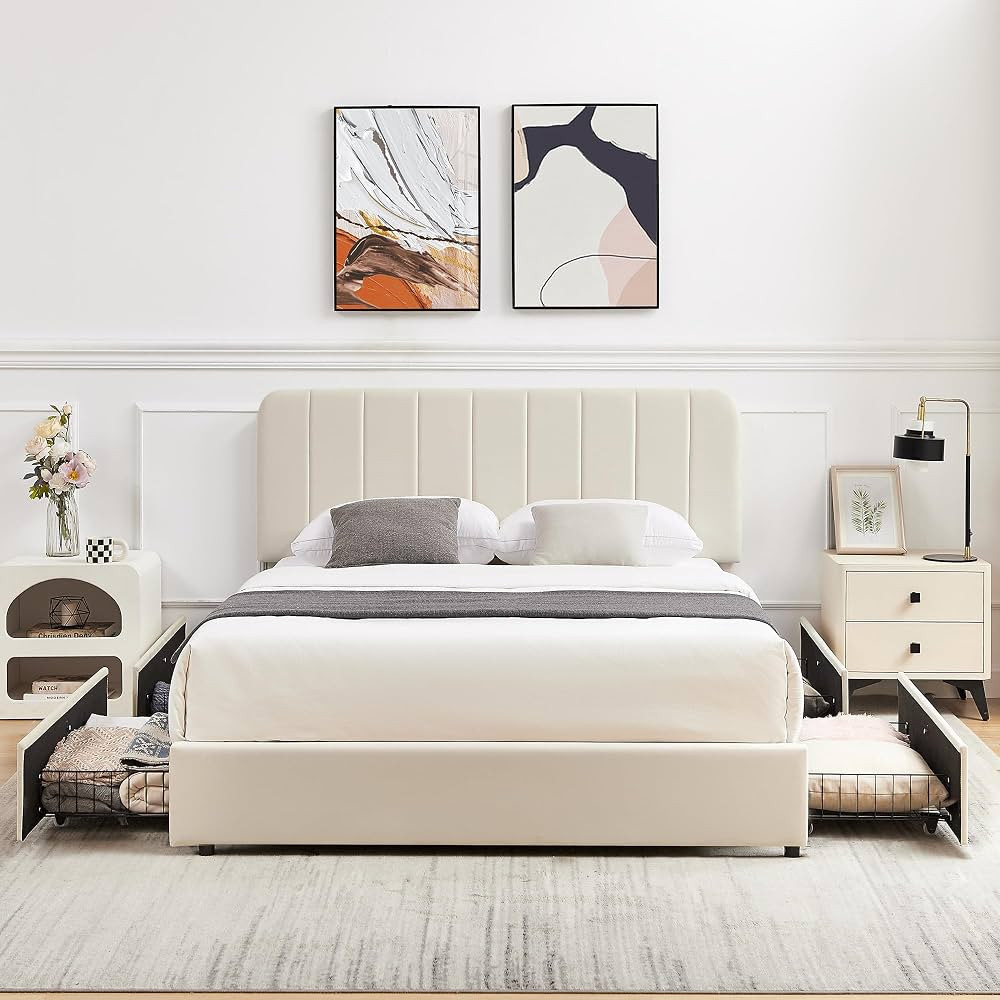 VECELO Queen Size Upholstered Bed Frame with 4 Drawers and Adjustable Headboard, Velvet Platform ... | Amazon (US)