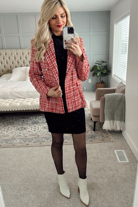 Holiday styles - Red and white pattern blazer for $43 at SHEIN paired with a black dress and white booties from Nordstrom Rack! 

#LTKHoliday #LTKshoecrush #LTKunder50