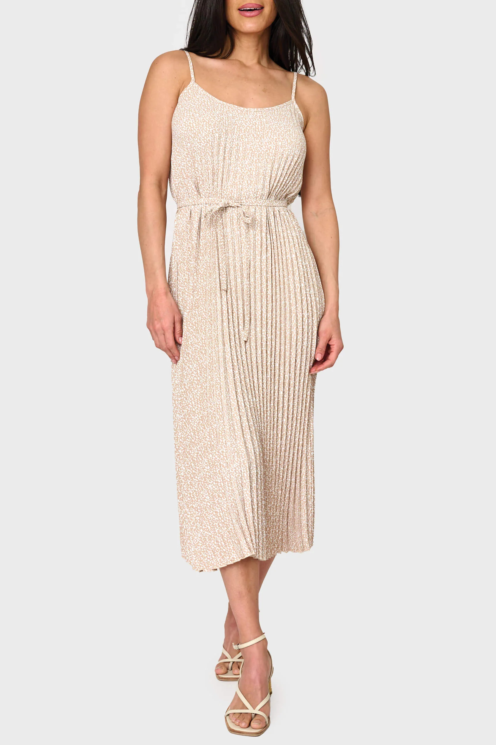 Adjustable Strap Pleated Midi Dress with Belt | Gibson