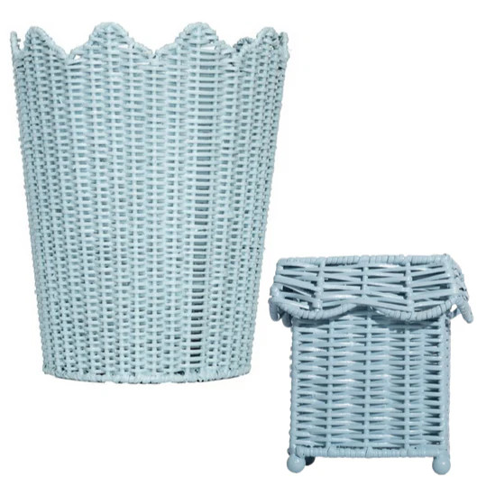 Blue Scalloped Wicker Wastepaper Basket & Tissue Holder | The Well Appointed House, LLC