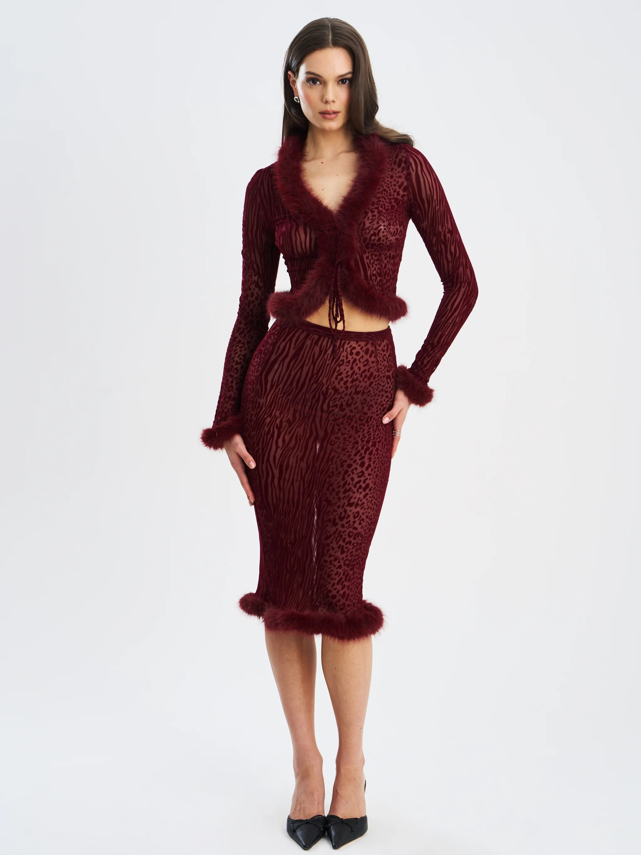 Halia Burgundy Animal Print Burnout Velvet Fur Trim Skirt | Miss Circle