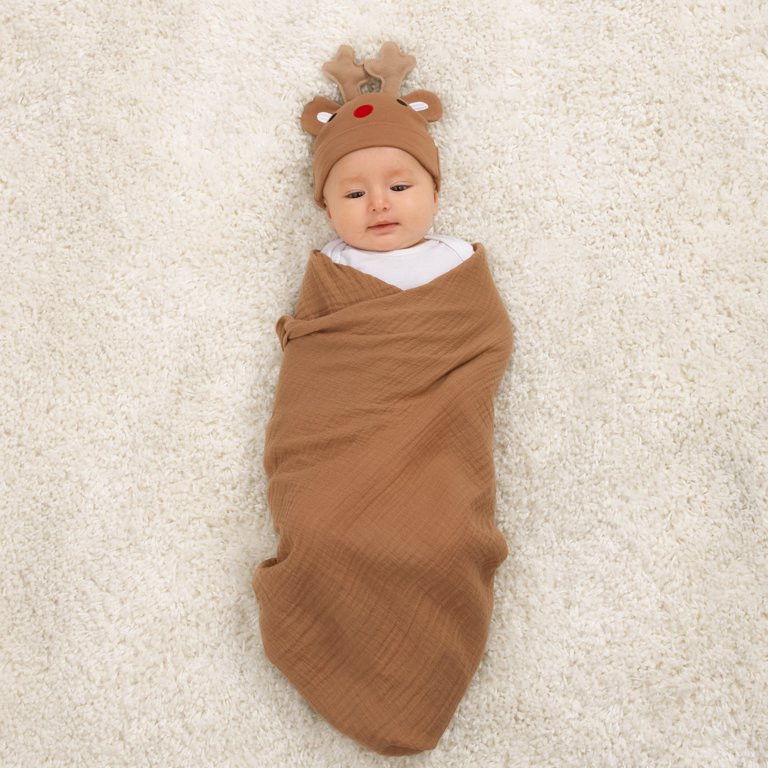 Parent's Choice Brown Reindeer Xmas Swaddle Set, Swaddle Baby Blanket and Beanie, Infant Boy or G... | Walmart (US)