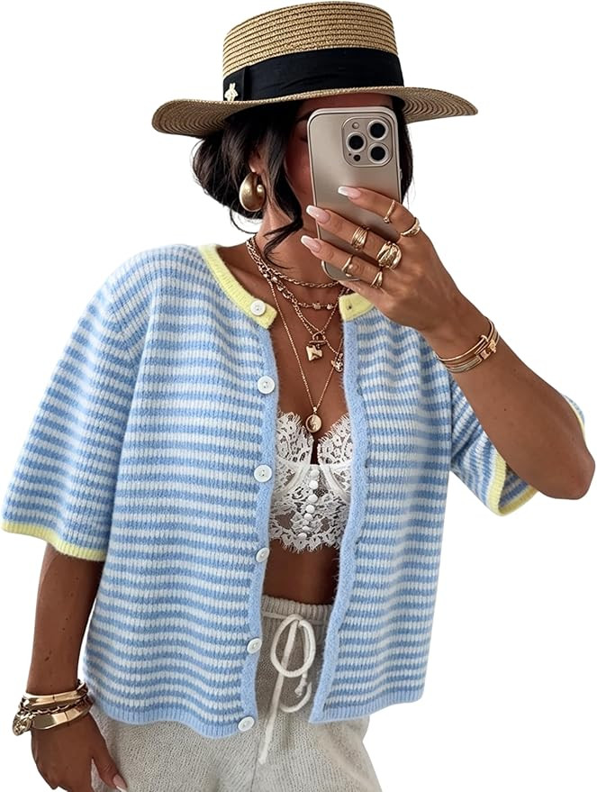 Women's Lightweight Short Sleeve Cardigan Summer Casual Striped Knit Open Front Button Down Sweat... | Amazon (US)
