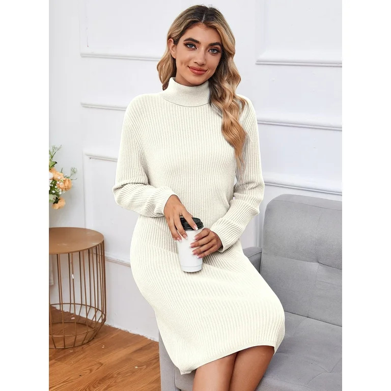LANPULUX White Sweater Dresses Long Sleeve Dresses for Women Turtleneck Sweater Dresses Knit Dres... | Walmart (US)