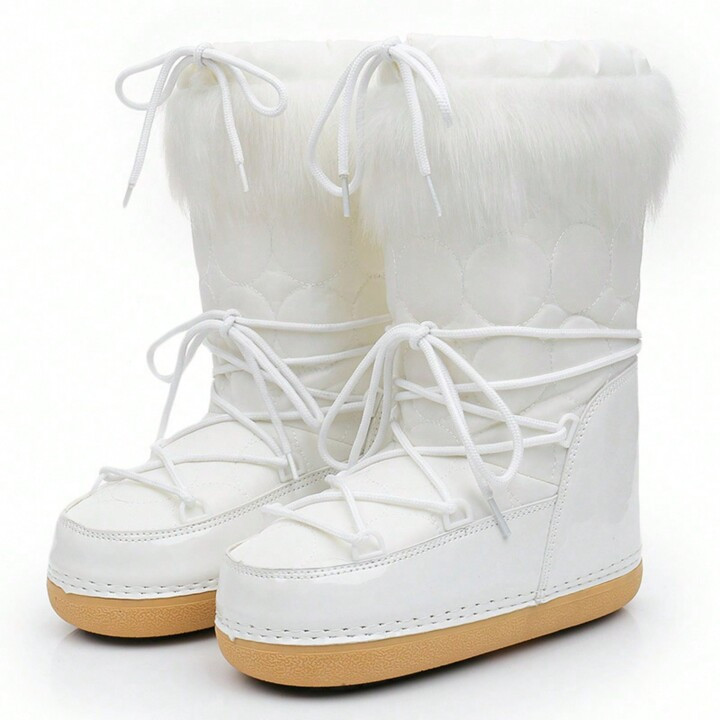 Winter Fashion Women's Snow Boots, White Lined Moon Boots | SHEIN
