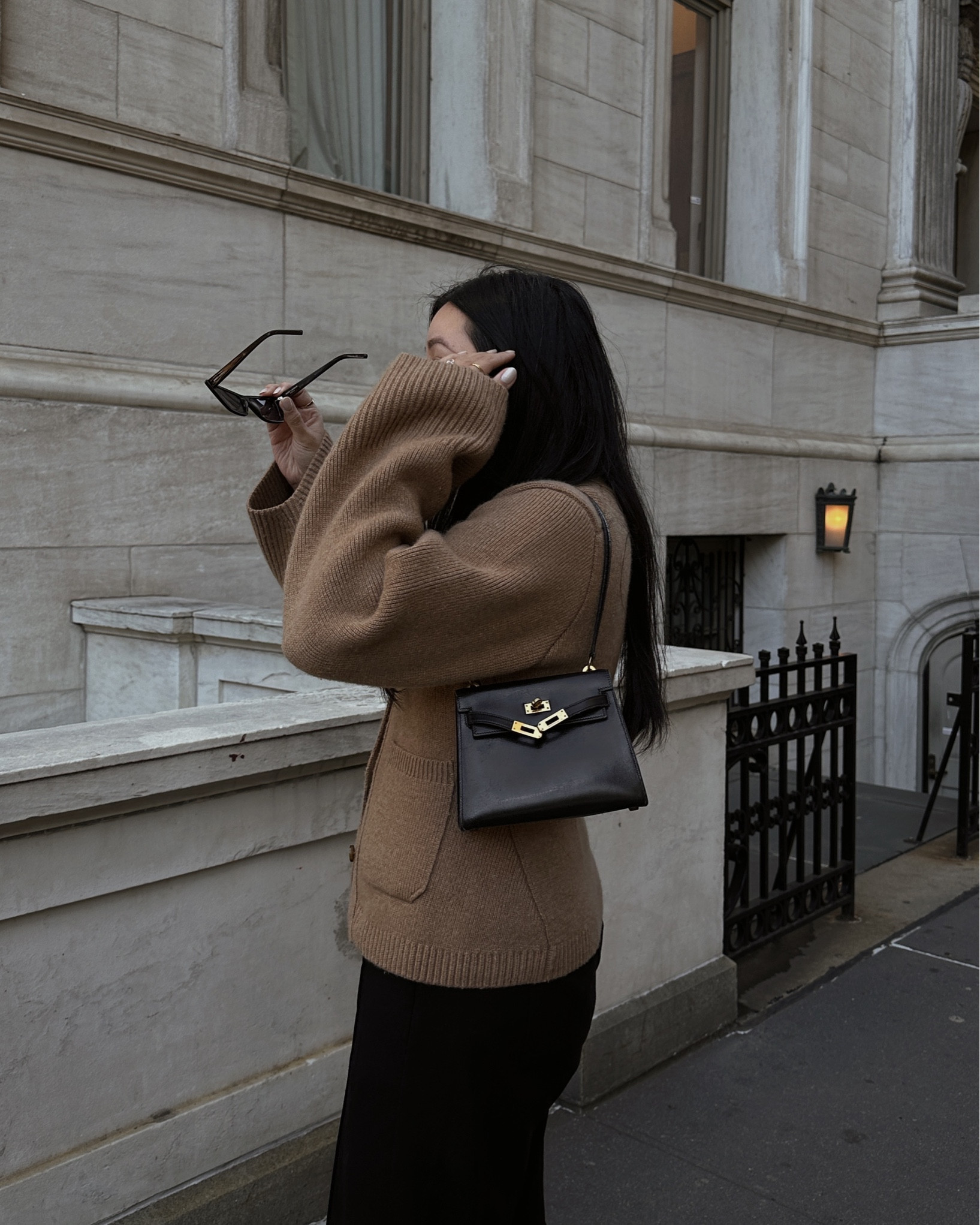 Khaite Cardigan + Vintage Shoulder Kelly Bag