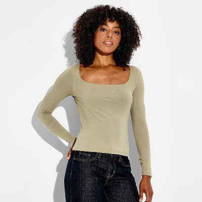 Women's Long Sleeve Square Neck T-Shirt - Wild Fable™ Dark Taupe L | Target