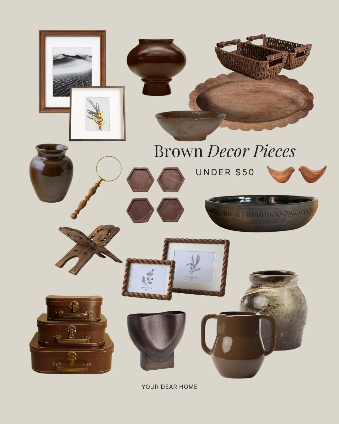 This is where brown really shines.
Ceramics, vases, trays, frames, in warm brown tones quietly tie a space together.
Layer different finishes wood, ceramic, leather for a collected, high-end look. 

 #LTKHome