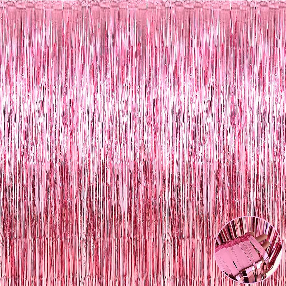 4 Pack Pink Foil Fringe Curtain Backdrop, 3.3Ft x 9.8Ft Metallic Tinsel Foil Fringe Streamers Cur... | Amazon (US)