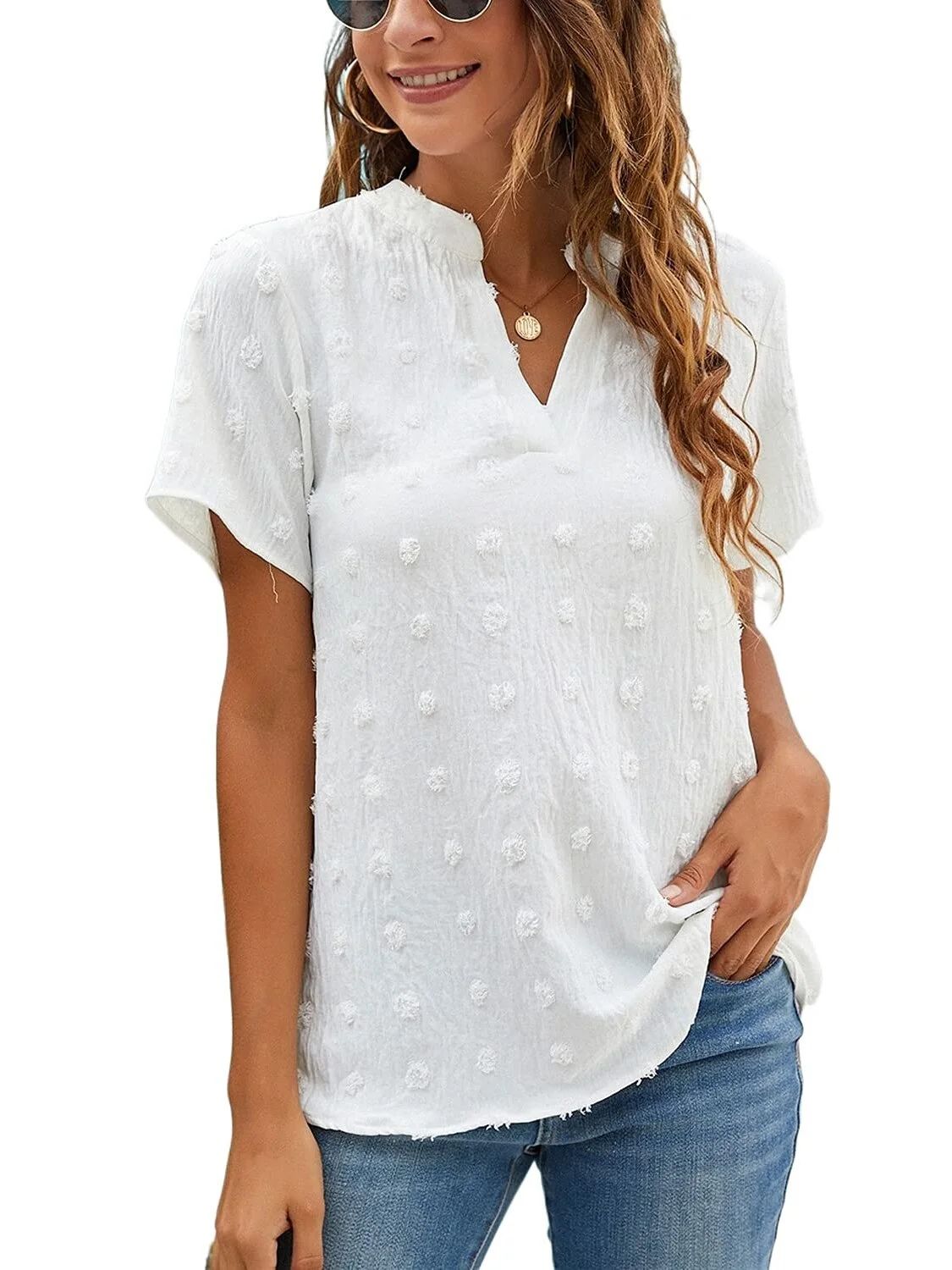 Fantaslook White Chiffon Blouses Womens Short Sleeve V Neck Shirts Summer Casual Polka Dot Tops -... | Walmart (US)