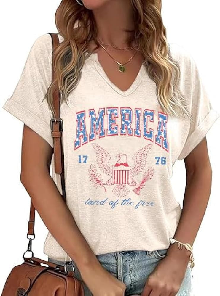 Patriotic Shirts for Women V Neck 4th of July America Flag Vintage Blouse Summer BBQ T-Shirts Mem... | Amazon (US)