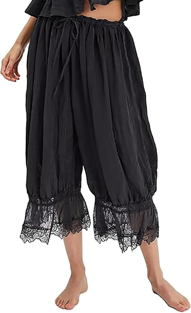 Women Long Bloomer Pants Y2K Lace Trim Loose Fit Ruffle Bloomers Mid Rise Cropped Pajama Pants Un... | Amazon (UK)