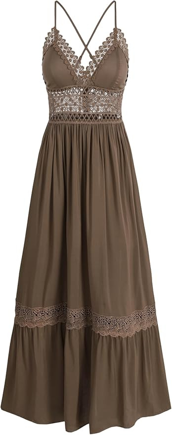 CIDER Maxi Dress for Women V Neck Solid Lace Trim Tiered Dress Beach Vacation Daily Casual High W... | Amazon (US)