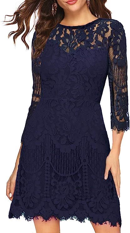 MSLG Women's Elegant Round Neck V-Back Wedding Guest Floral Lace Cocktail Party A Line Dress 910 | Amazon (US)