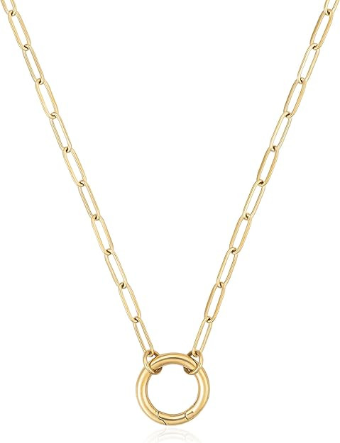 14K Gold Plated Open Circle Carabiner Link Paperclip Necklace with Charm Holder Pendant, Jewelry ... | Amazon (US)