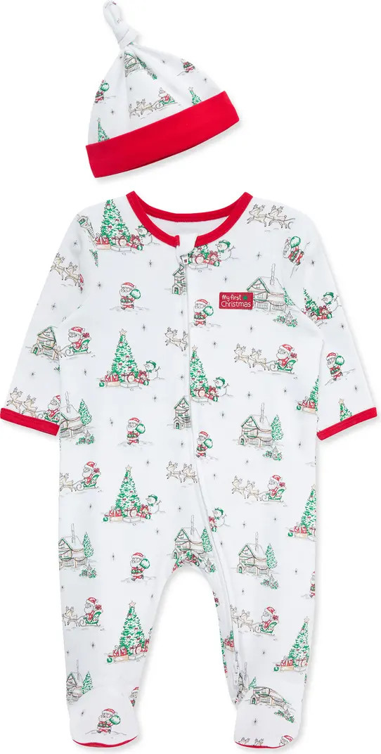 Little Me Holiday Scene Cotton Footie & Hat Set | Nordstrom | Nordstrom