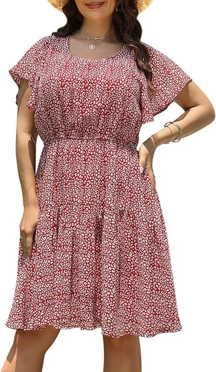 Nemidor Womens Casual Plus Size Summer Boho Chiffon Print Midi Skater Dress with Ruffle Sleeve NE... | Amazon (US)