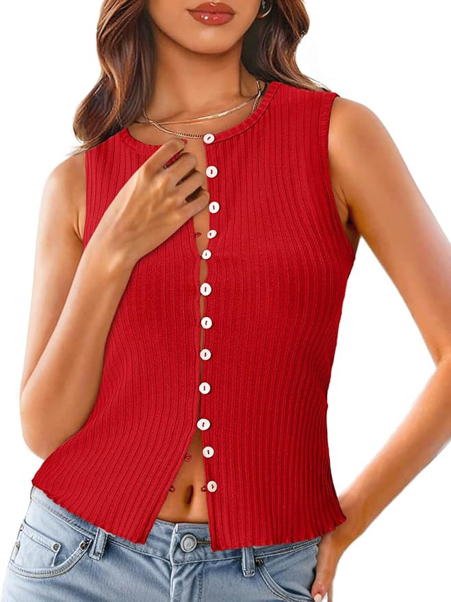 Tankaneo Womens Going Out Tops Summer Cute Ribbed Tank Crop Button Up Vest Top Y2K Sexy Outfits | Amazon (US)