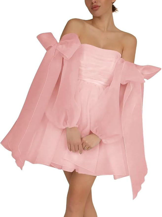 Monlity Off The Shoulder Organza Homecoming Dresses Bow Tie Long Sleeve Prom Dresses Short A-Line... | Amazon (US)