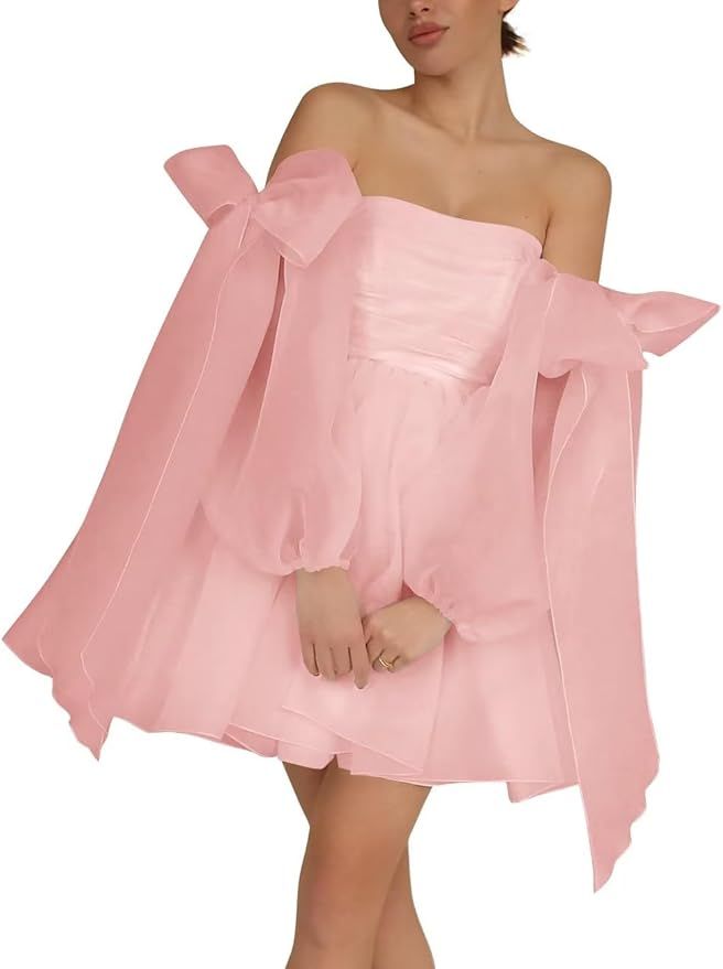 Monlity Off The Shoulder Organza Homecoming Dresses Bow Tie Long Sleeve Prom Dresses Short A-Line... | Amazon (US)