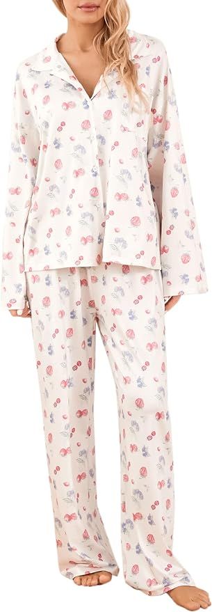 UAURORAO Women Floral 2 Piece Pajamas Sets Long Sleeve Button Down Shirt Wide Leg Pants Outfits L... | Amazon (US)