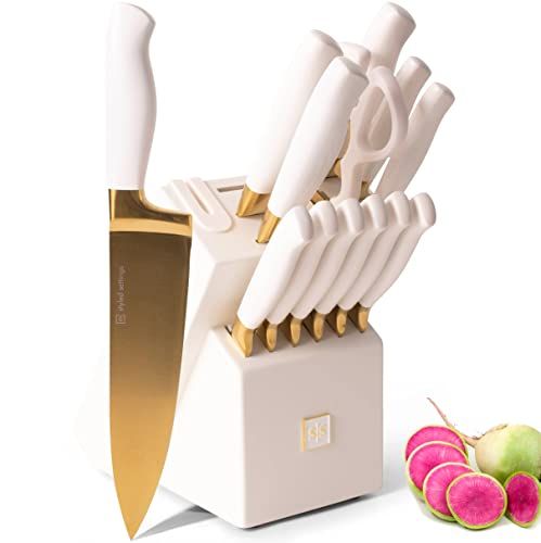 White and Gold Knife Set with Block Self Sharpening - 14 PC Titanium Coated Gold and White Kitche... | Amazon (US)
