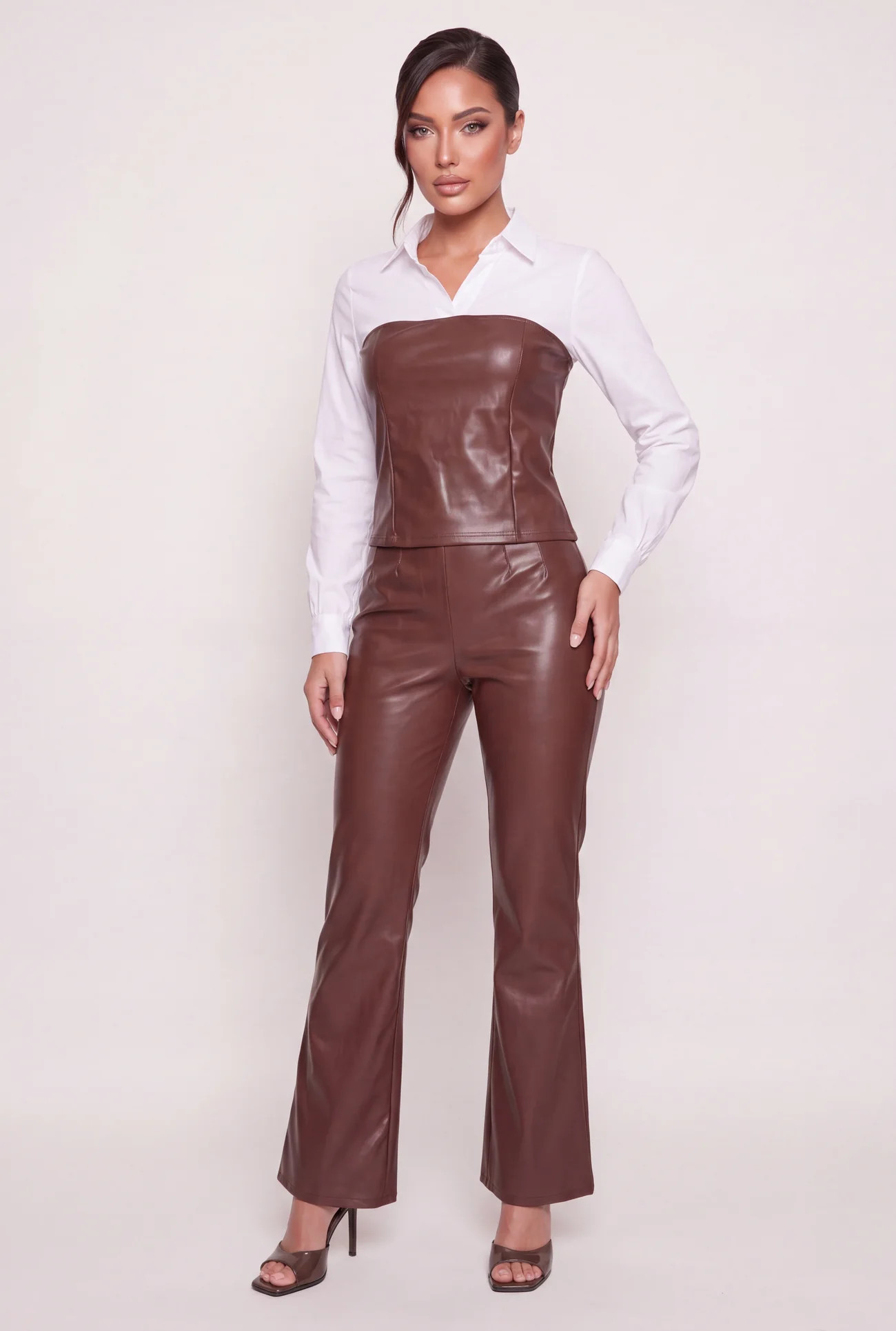 Faux Leather Pintuck Detail Flare Leg Pants | Rainbow Shops