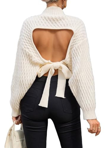 GORGLITTER Women's Bow Open Back Sweater Top Trendy Long Sleeve Backless Drop Shoulder Mock Neck Cable Knit Sweaters Beige X-Small | Amazon (US)