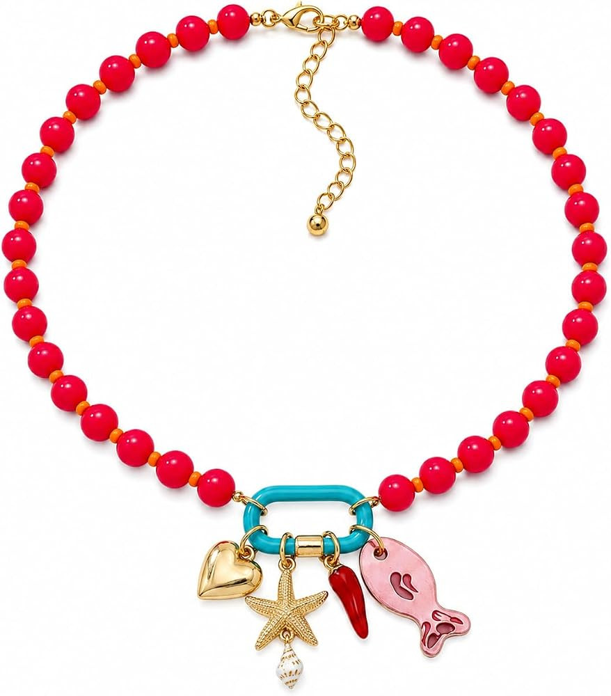 LIU JUN Colorful Beaded Necklace for Women, Chunky Boho Fish Starfish Conch Pendant Acrylic Bead ... | Amazon (US)