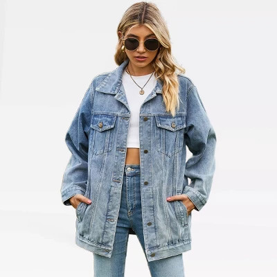 Women's Denim Jackets Long Sleeve Jean Jacket Oversized Button Dwon Long Denim Shackets with 4 Pockets Boyfriend Fit Fall Fashion Coats, Blue - XL | Target