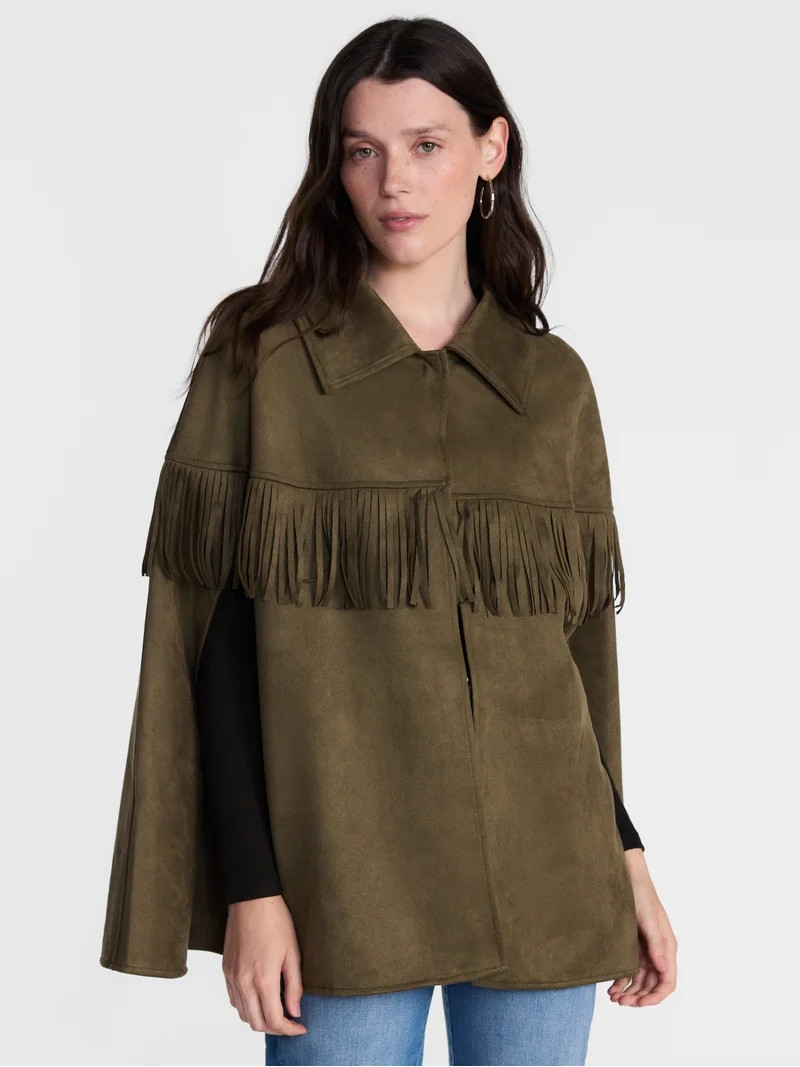 Scenario Women's Faux Suede Fringe Cape, Midweight, Sizes S-3XL | Walmart (US)