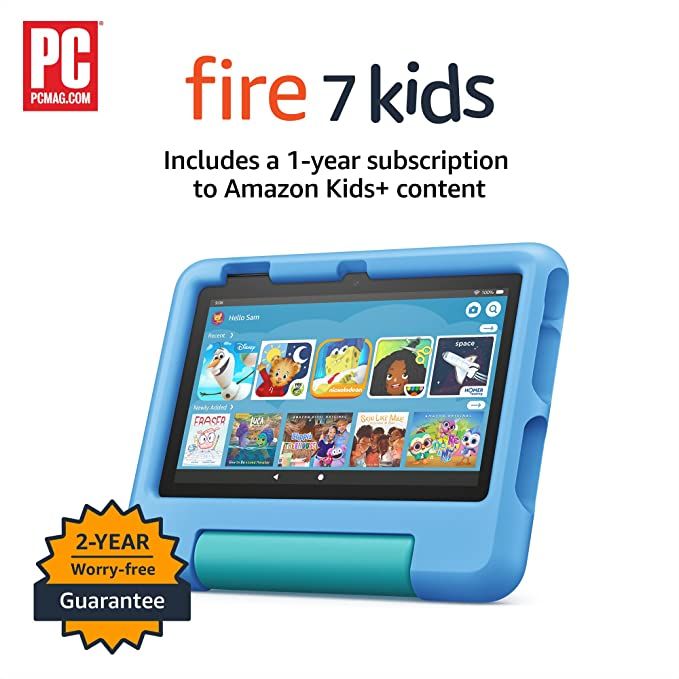 Fire 7 Kids tablet, 7" display, ages 3-7, with ad-free content kids love, 2-year worry-free guara... | Amazon (US)