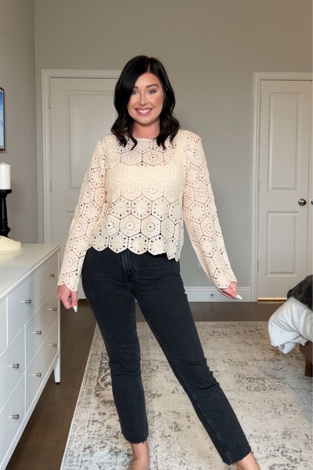 The cutest crochet top. The cut of it is interesting and seems to run a little longer than I would like, but it’s super cute. Wearing a medium. Jeans are a 29R and run small  

#LTKstyletip #LTKSeasonal