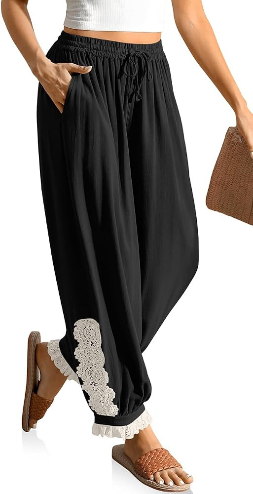 TARSE Women's Linen Harem Pants Boho Lace Trim Pants with Pockets | Amazon (US)