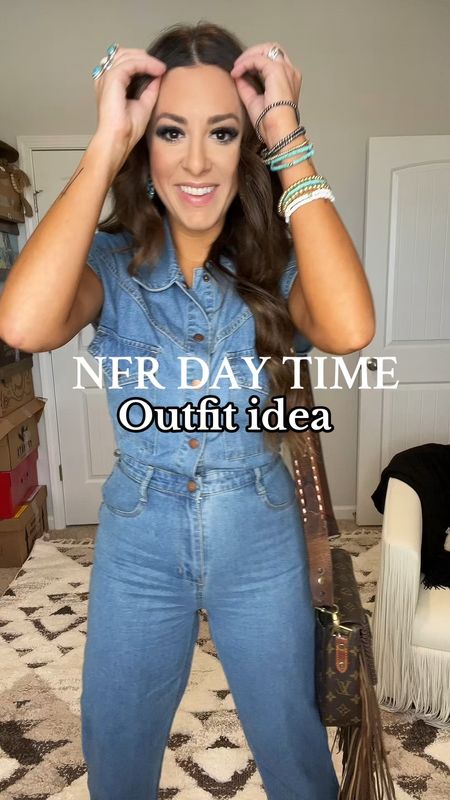 Denim jumpsuit - NFR day time outfit - vintage boho fringe Louis Vuitton bag - Black Friday sale - cyber Monday - Nashville - gift idea 

#LTKfindsunder50 #LTKstyletip #LTKCyberWeek