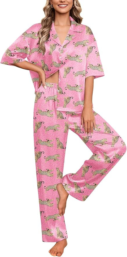 Ekouaer Silk Satin Pajamas Set Women Short Sleeve Pj Sets Button Down Sleepwear 2 Piece Soft Loun... | Amazon (US)