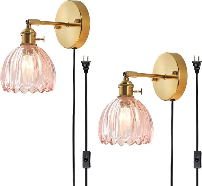 Plug in and Hardwired Wall Sconces, Luxury Vintage Tulip Crystal Glass Shade Wall Light with Swit... | Amazon (US)