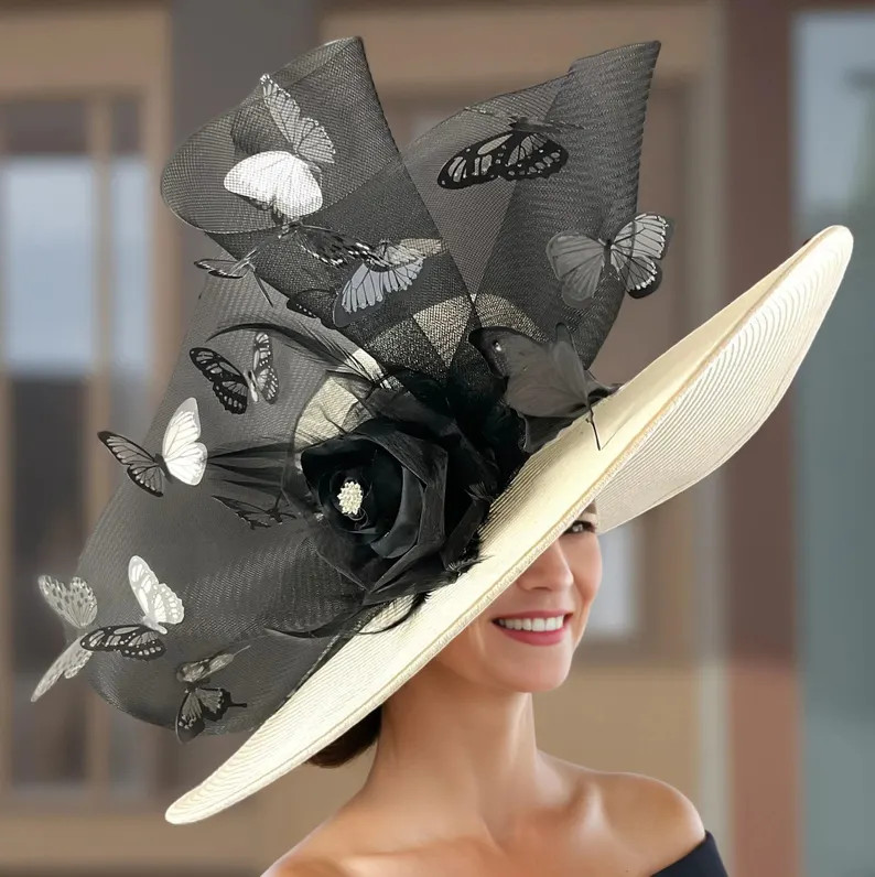 Kentucky Derby Hat, Wide Brim White Hat, Black Rose,3d Butterfly, Feathers, Preakness Belmont Del... | Etsy (US)