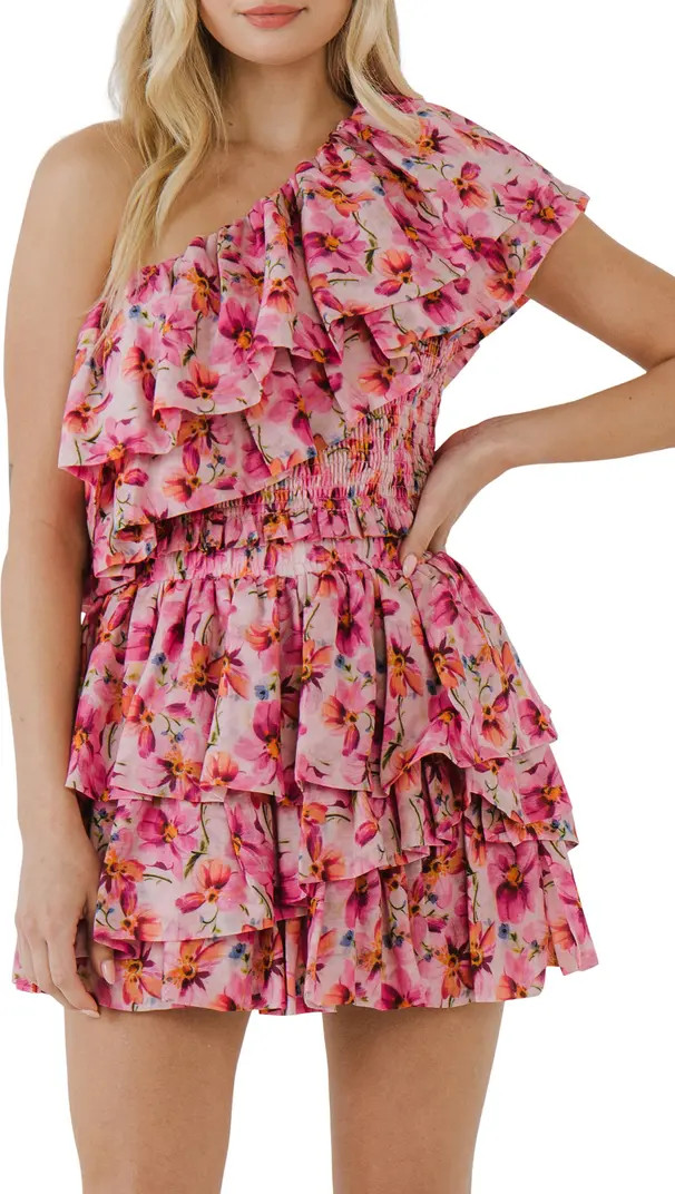 Ruffle Floral Print One-Shoulder Minidress | Nordstrom