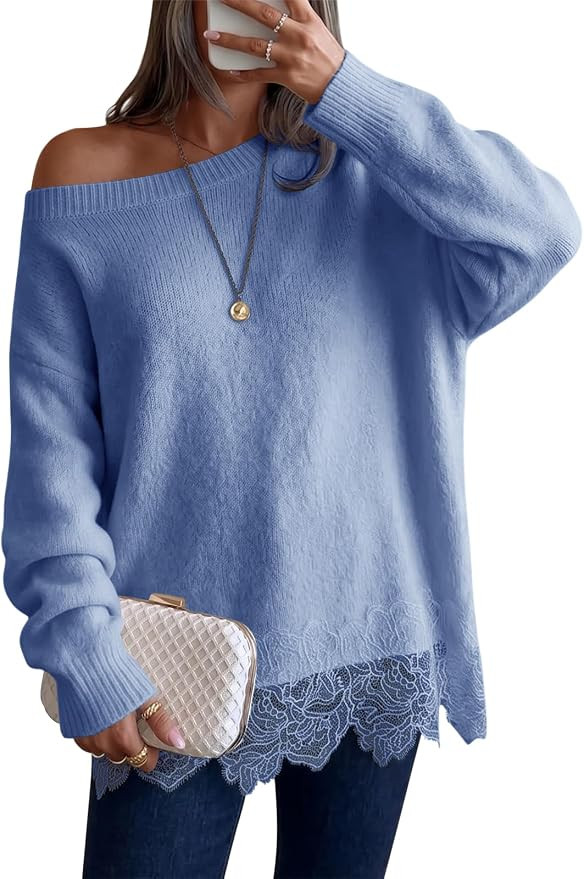 Saodimallsu Womens Lace Patchwork Sweater Long Sleeve Boat Neck Pullovers | Amazon (US)