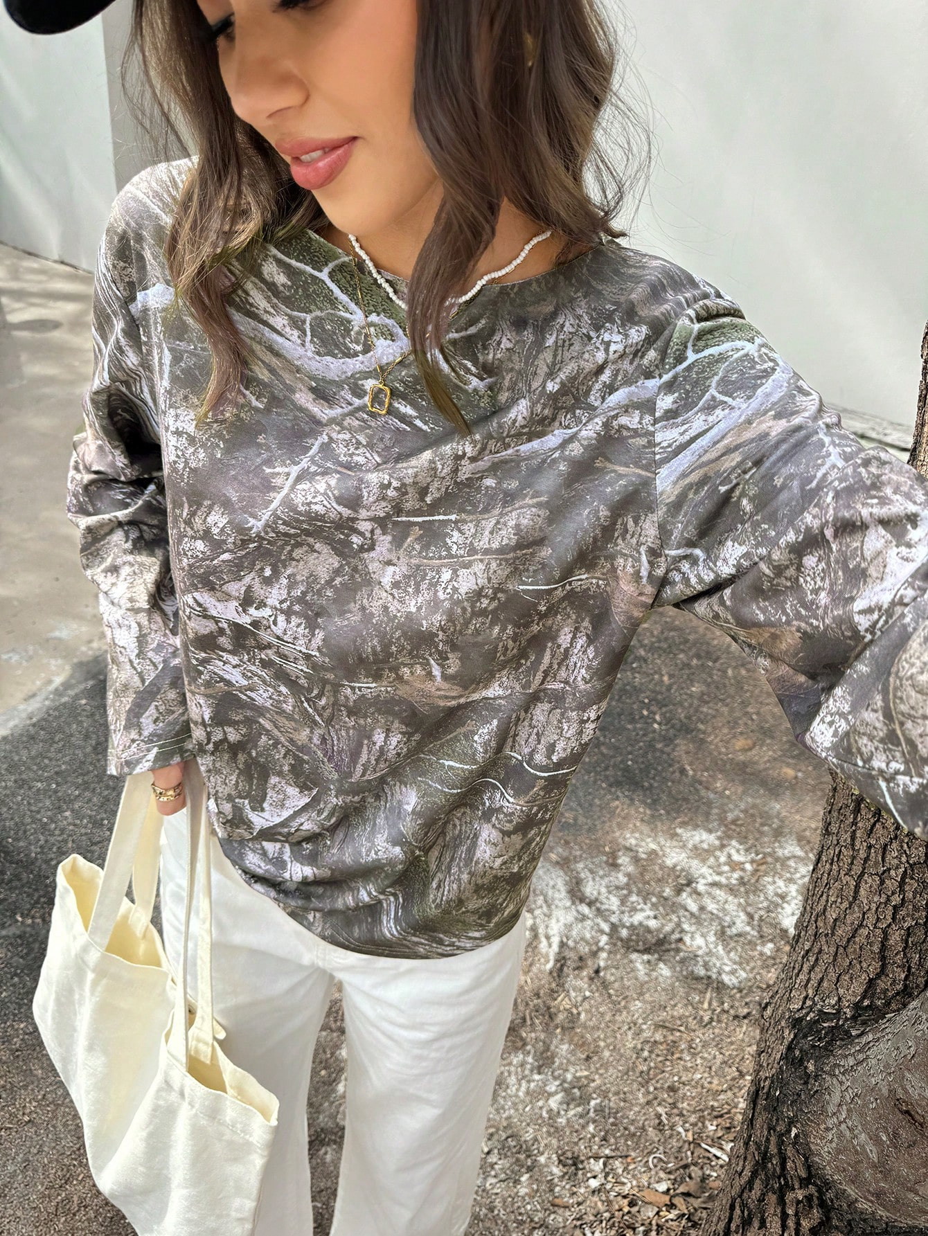 SHEIN EZwear Women's Casual Camo Sweatshirt With Tree Trunk And Leaves Design, Long Sleeve, Suita... | SHEIN