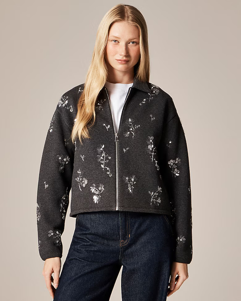 Embellished bomber jacket in heritage fleece | J. Crew US